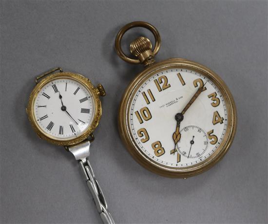 A ladys 18ct gold wrist watch & a gold plated pocket watch.